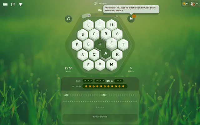 Lexagon puzzle #143 being played: 19 hexagon letter tiles, ACE and EACH found in the word bank, 2 of 68 words, and a definition hint just earned