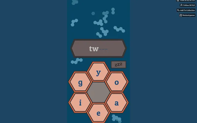The lexagons board: the fragment tw with three blank letters to fill, above six orange hexagons offering y, g, o, i, a and e