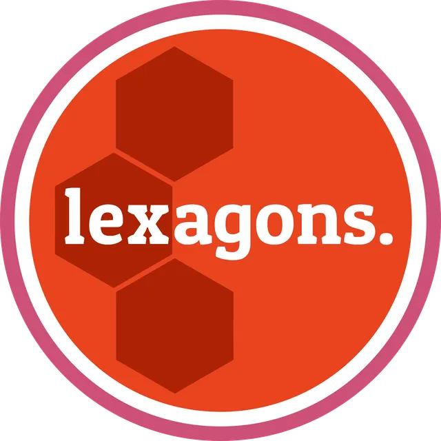 The lexagons logo: the word lexagons. in white over three dark red hexagons on an orange disc with a pink ring