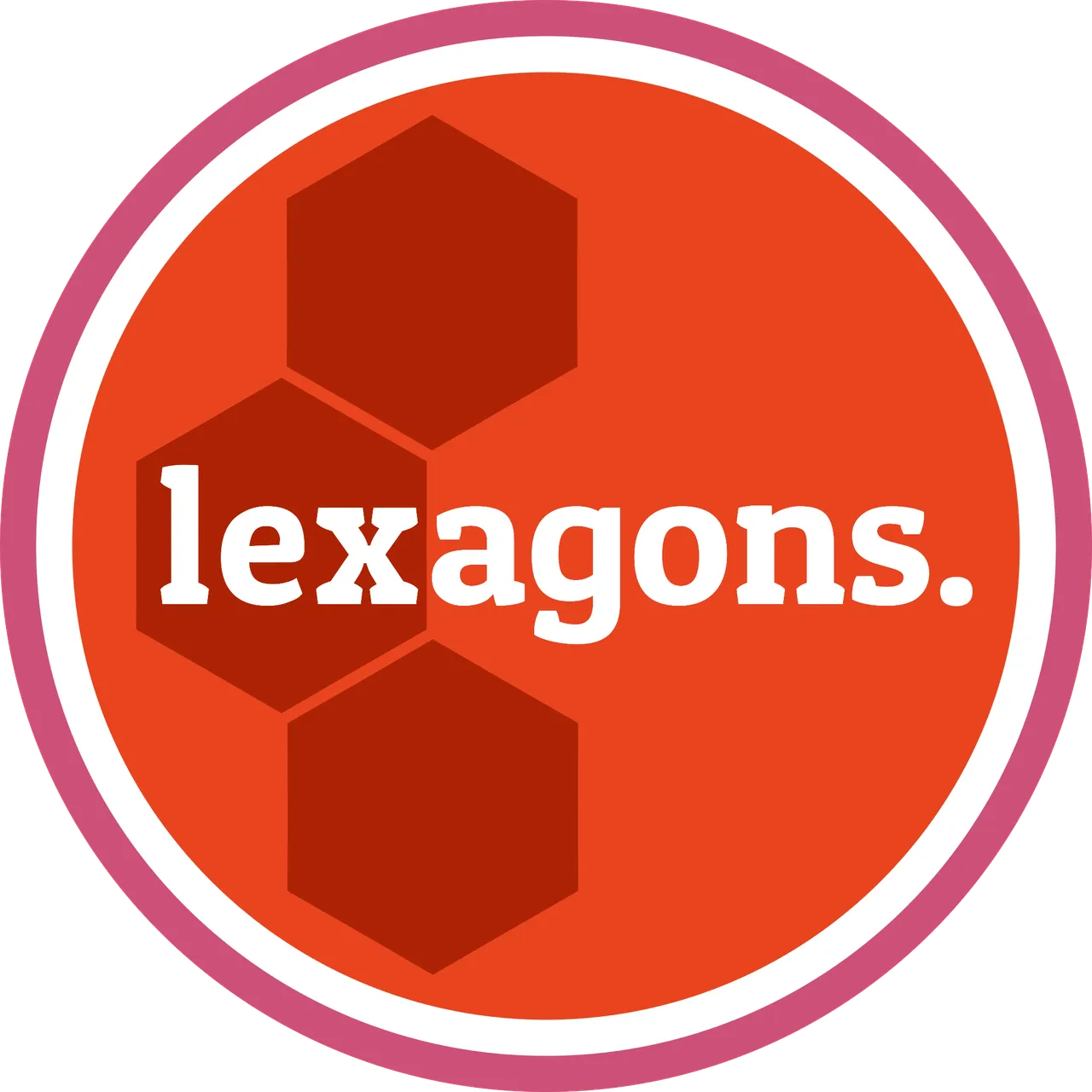 lexagons logo: the word lexagons. in white over dark red hexagons on an orange disc