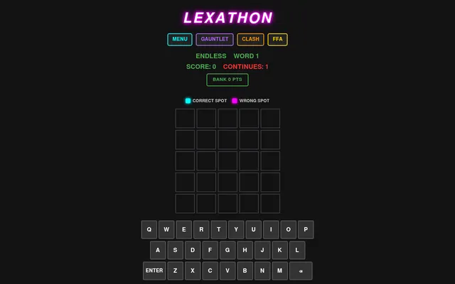 The Lexathon board: Menu, Gauntlet, Clash and FFA buttons, score and continues, correct spot and wrong spot key, an empty five by five grid and keyboard