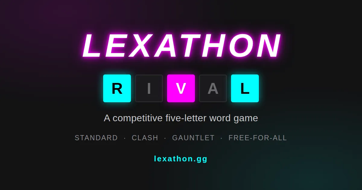 Lexathon's own card: the glowing Lexathon title, the tiles R I V A L in cyan and magenta, and the modes Standard, Clash, Gauntlet and Free-for-all