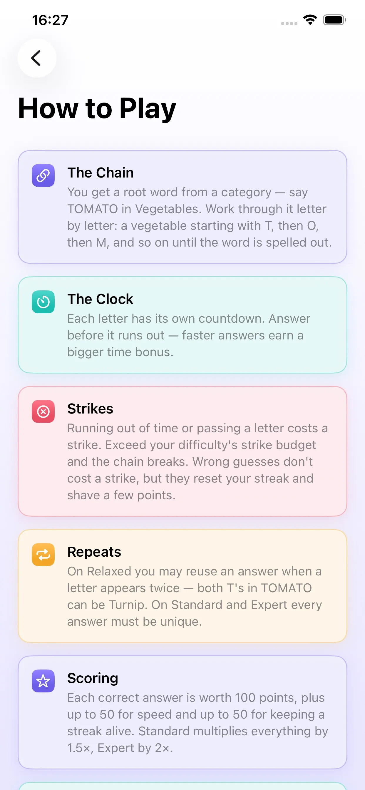 LexiChain's How to Play screen explaining the chain, the clock, strikes, repeats and scoring