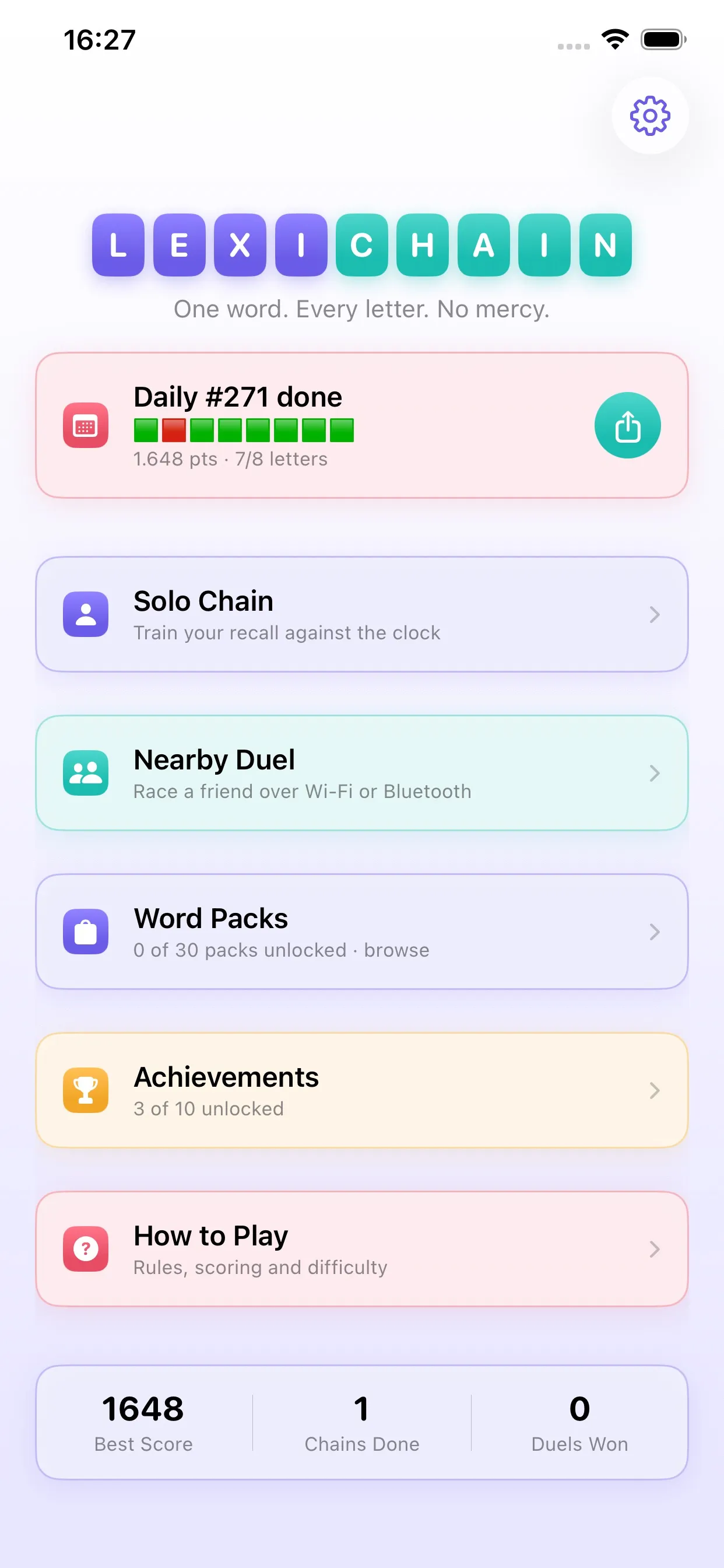 LexiChain's home screen with Daily #271 done, Solo Chain, Nearby Duel, Word Packs and How to Play