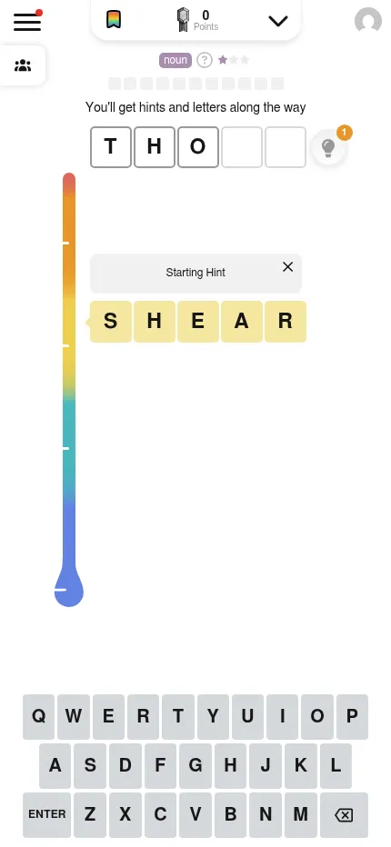 Lexicle on a phone: the starting hint SHEAR placed on the hot-and-cold thermometer, a guess being typed and the keyboard below