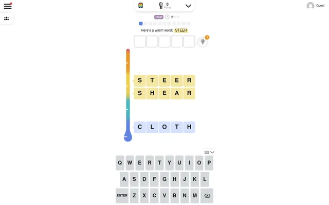 Lexicle board for 18 October 2026 (#566): a noun to find, a thermometer beside the guesses STEER and SHEAR rated warm and CLOTH rated cold, with the on-screen keyboard