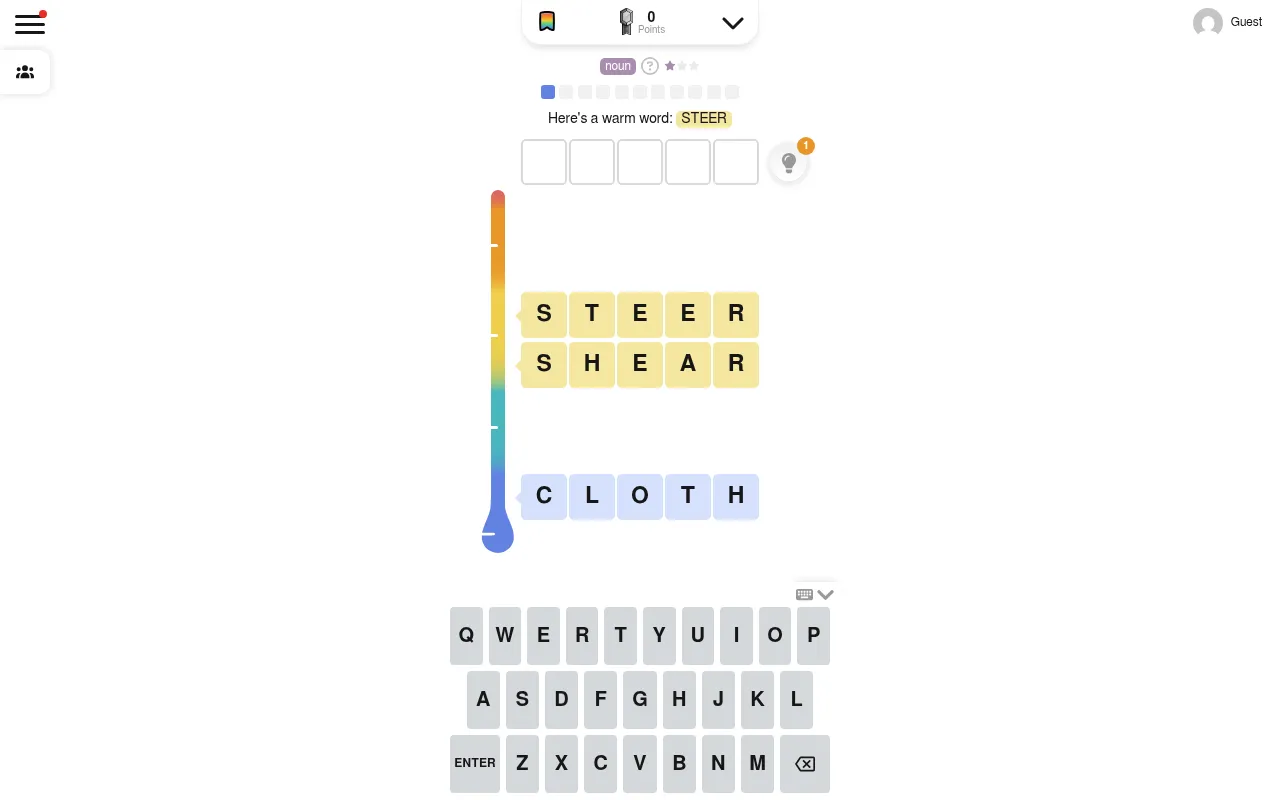 Lexicle board for 18 October 2026 (#566): a noun to find, a thermometer beside the guesses STEER and SHEAR rated warm and CLOTH rated cold, with the on-screen keyboard