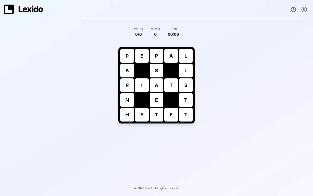 Lexido puzzle in play: a 5x5 grid of scrambled letter tiles with four black squares, forming three across and three down words, with Words 0/6, Moves 0 and a running timer above