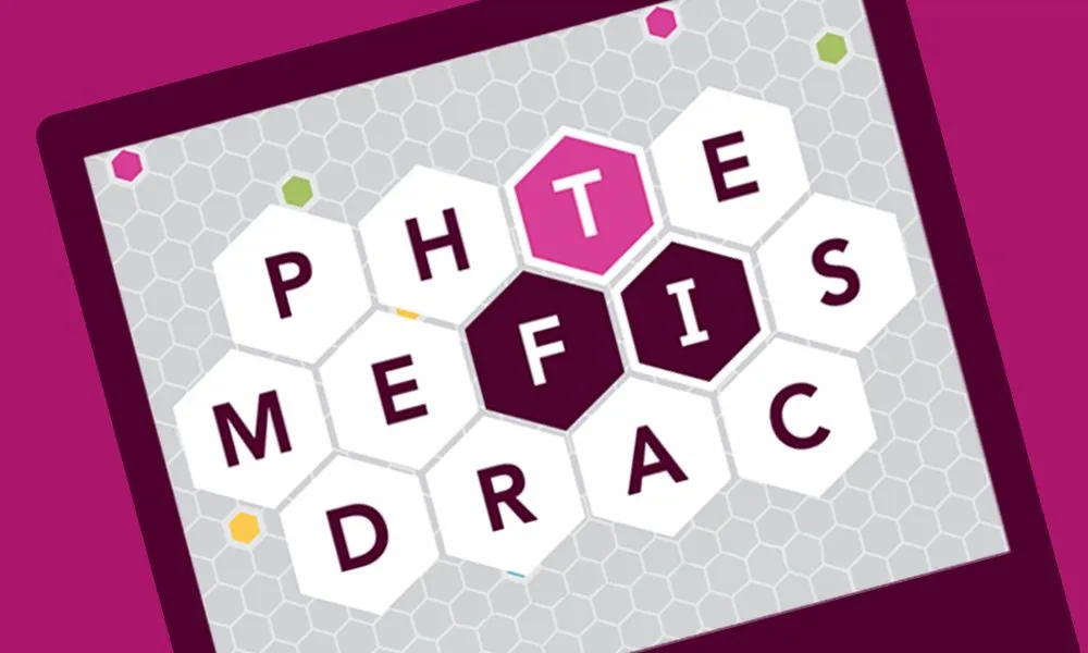 Lexigo press art: a board of hexagonal letter tiles with the letters F, I and T highlighted as a word is spelled