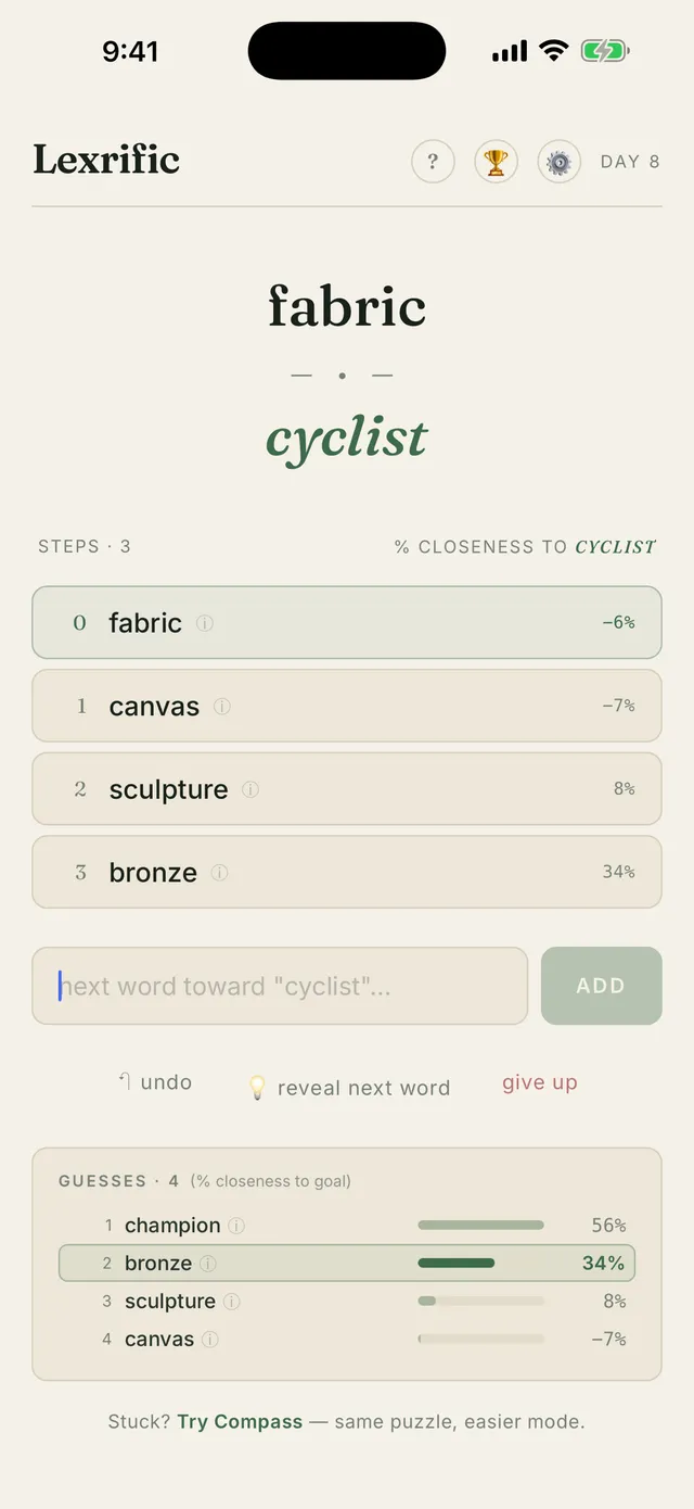 A Lexrific puzzle from fabric to cyclist, with a chain of canvas, sculpture and bronze and each word's closeness to the goal
