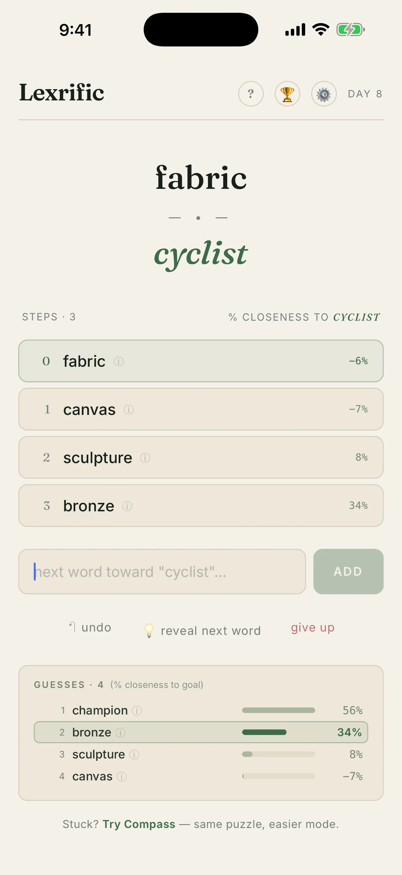 A Lexrific puzzle from fabric to cyclist, with a chain of canvas, sculpture and bronze and each word's closeness to the goal