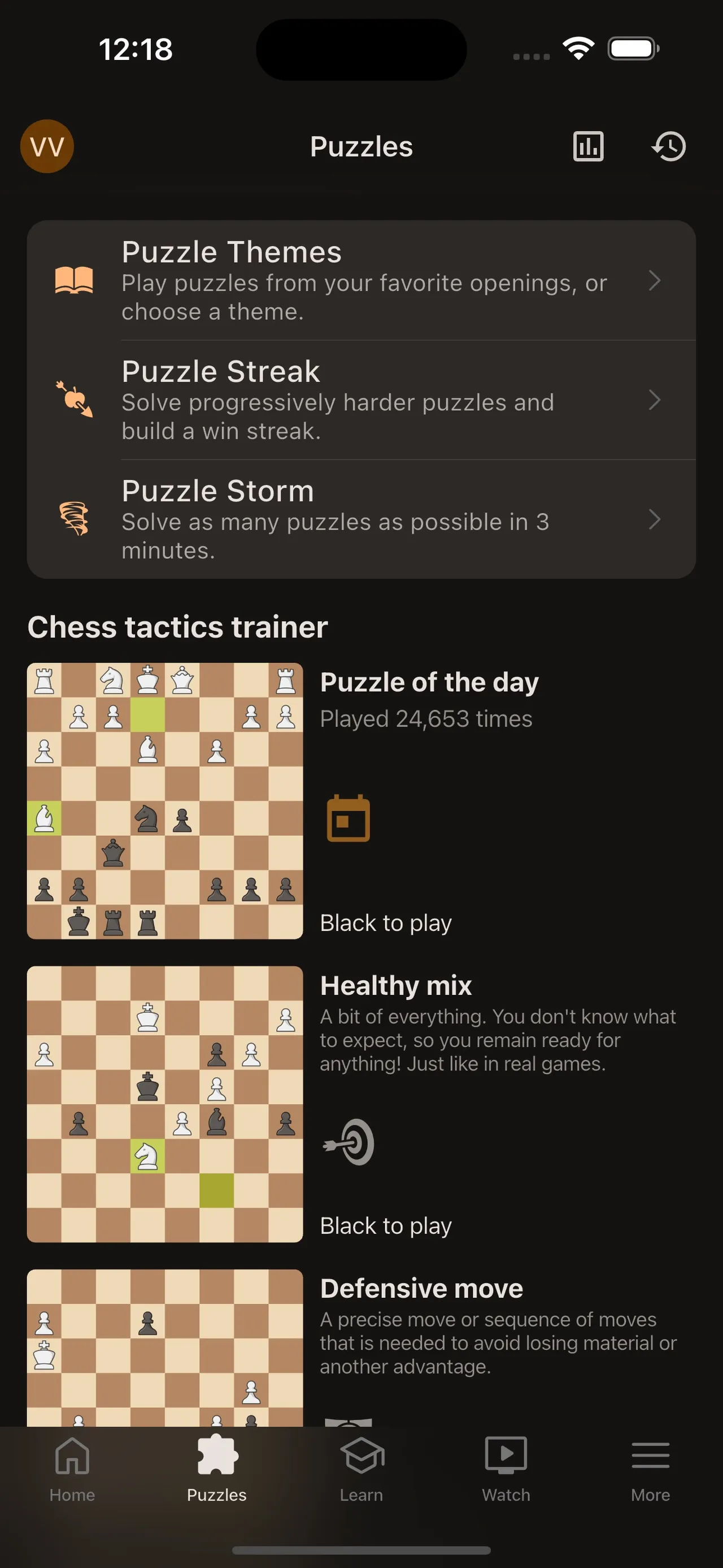 The Puzzles tab of the Lichess app with the puzzle of the day at the top of the tactics trainer