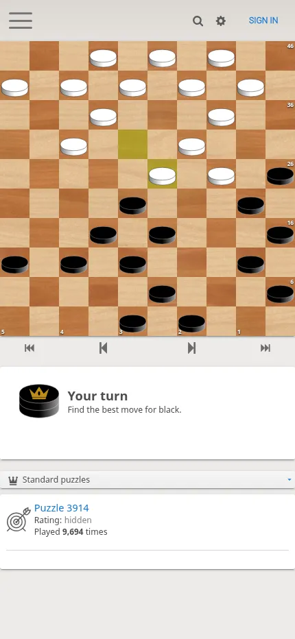 Lidraughts puzzle 3914 on a phone: a 10x10 draughts board with Your turn, find the best move for black, played 9,694 times