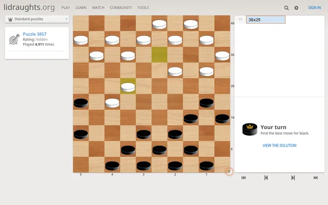 Lidraughts daily puzzle 3857: a 10x10 draughts board with white and black pieces after the move 38x29, and the prompt Your turn, find the best move for black