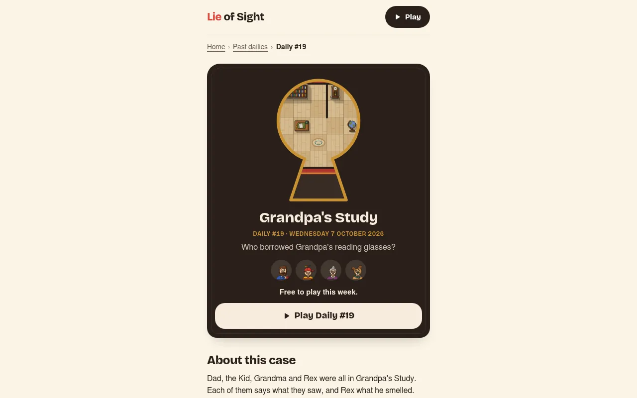 Lie of Sight Daily #19, Grandpa's Study, Wednesday 7 October 2026: a keyhole view of the room, the question who borrowed Grandpa's reading glasses, and the four family suspects