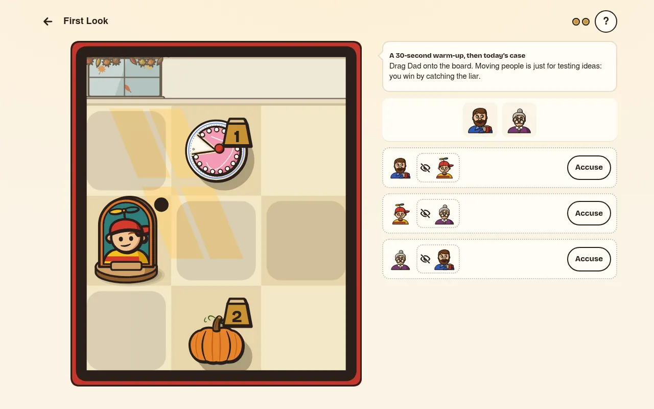 Lie of Sight board: a room seen from above with a clock, a pumpkin and the Kid in a doorway, beside Dad and Grandma waiting in the tray and three story cards with Accuse buttons