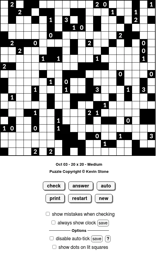 BrainBashers Light Up for 3 October, 20x20 Medium: a white grid scattered with black blocks, some numbered 0 to 3, above the check, answer and auto buttons