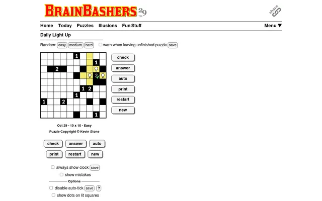 BrainBashers Light Up for 29 October, 10x10 Easy, in play: three bulbs placed round a 3 block light their rows and columns in yellow, beside the check, answer and auto buttons