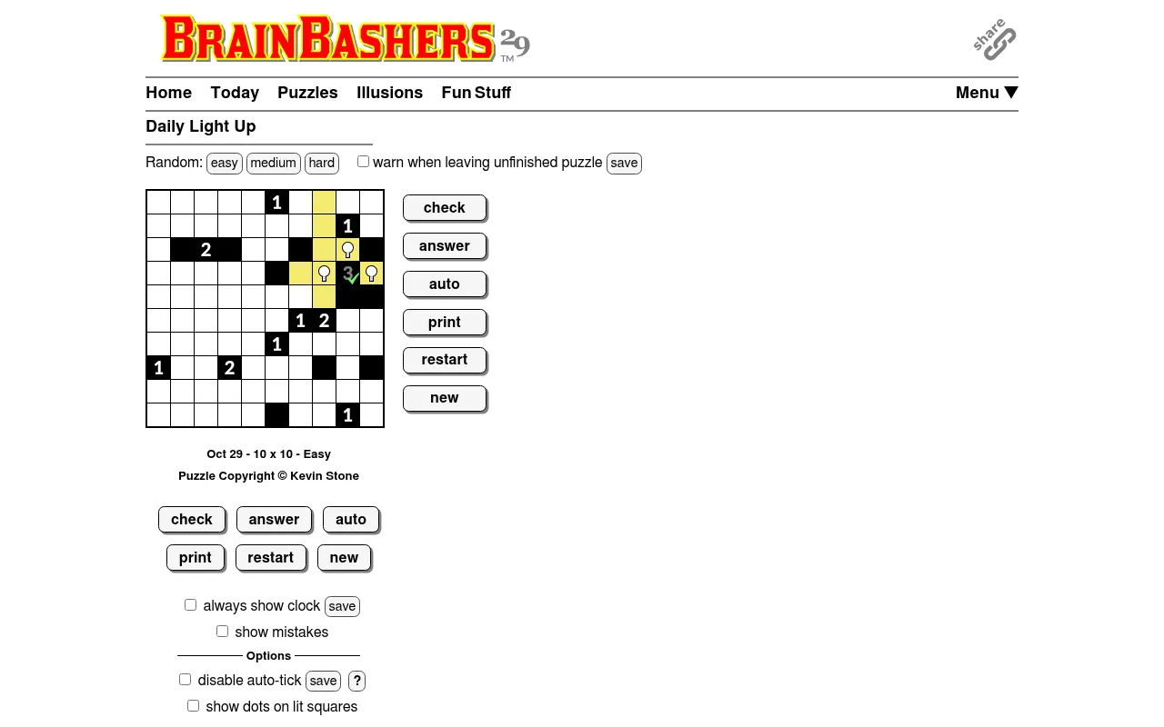 BrainBashers Light Up for 29 October, 10x10 Easy, in play: three bulbs placed round a 3 block light their rows and columns in yellow, beside the check, answer and auto buttons
