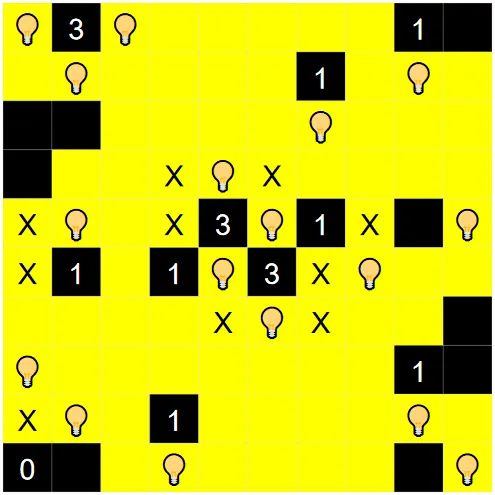 A completed Light Up puzzle from PuzzleMadness's rules, bulbs lighting every open square yellow around numbered black squares