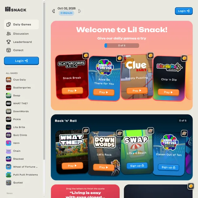 Lil Snack home page for 2 October 2026 with a welcome set of Scattergories, Wheel of Fortune, Clue and Lite Brite cards and the Rock 'n' Roll themed set below