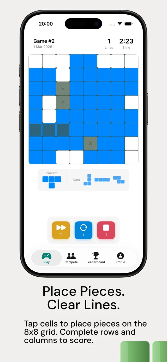 Linetris gameplay: an 8x8 grid mostly filled with blue blocks and three blocked cells, with the current and next pieces and three power-up buttons below