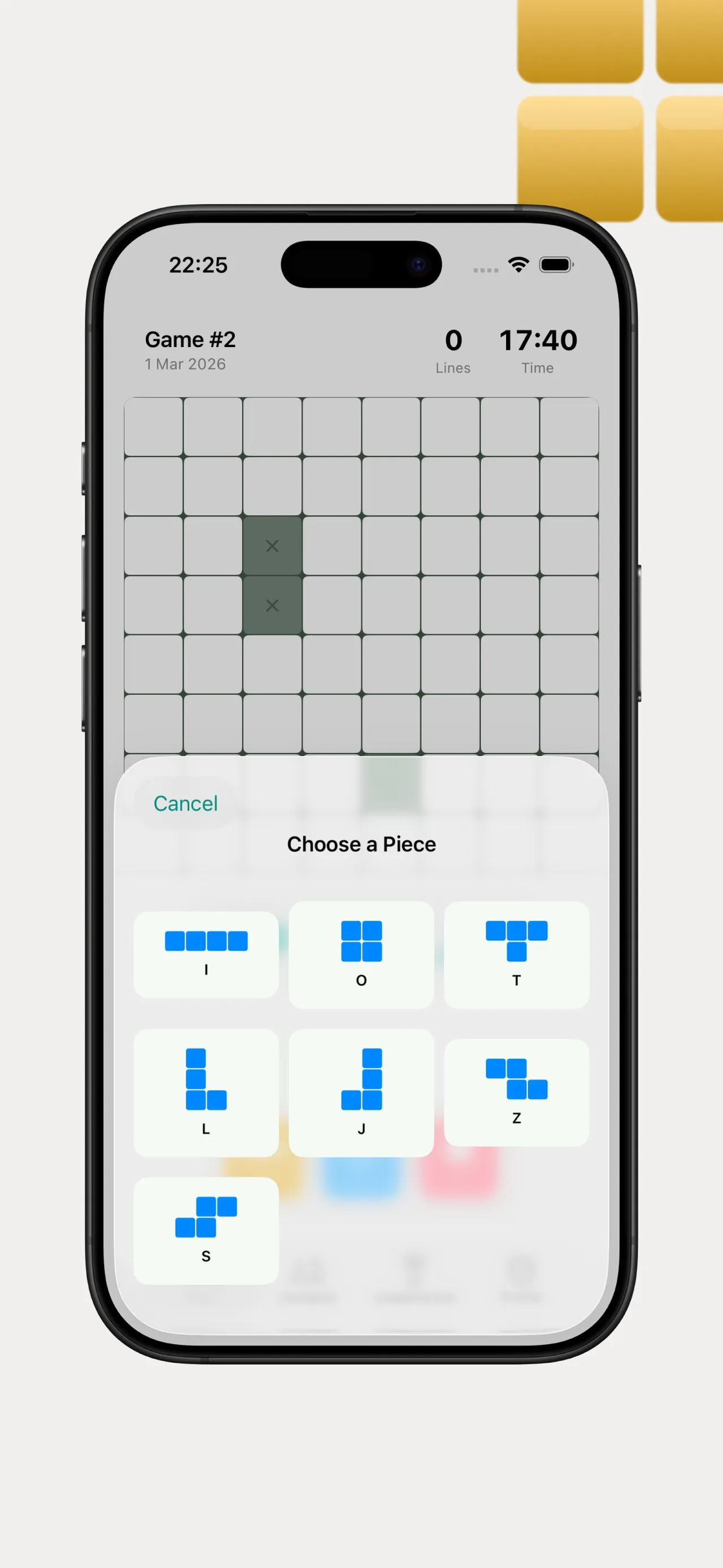 Linetris Choose a Piece sheet offering the seven tetromino shapes I, O, T, L, J, Z and S