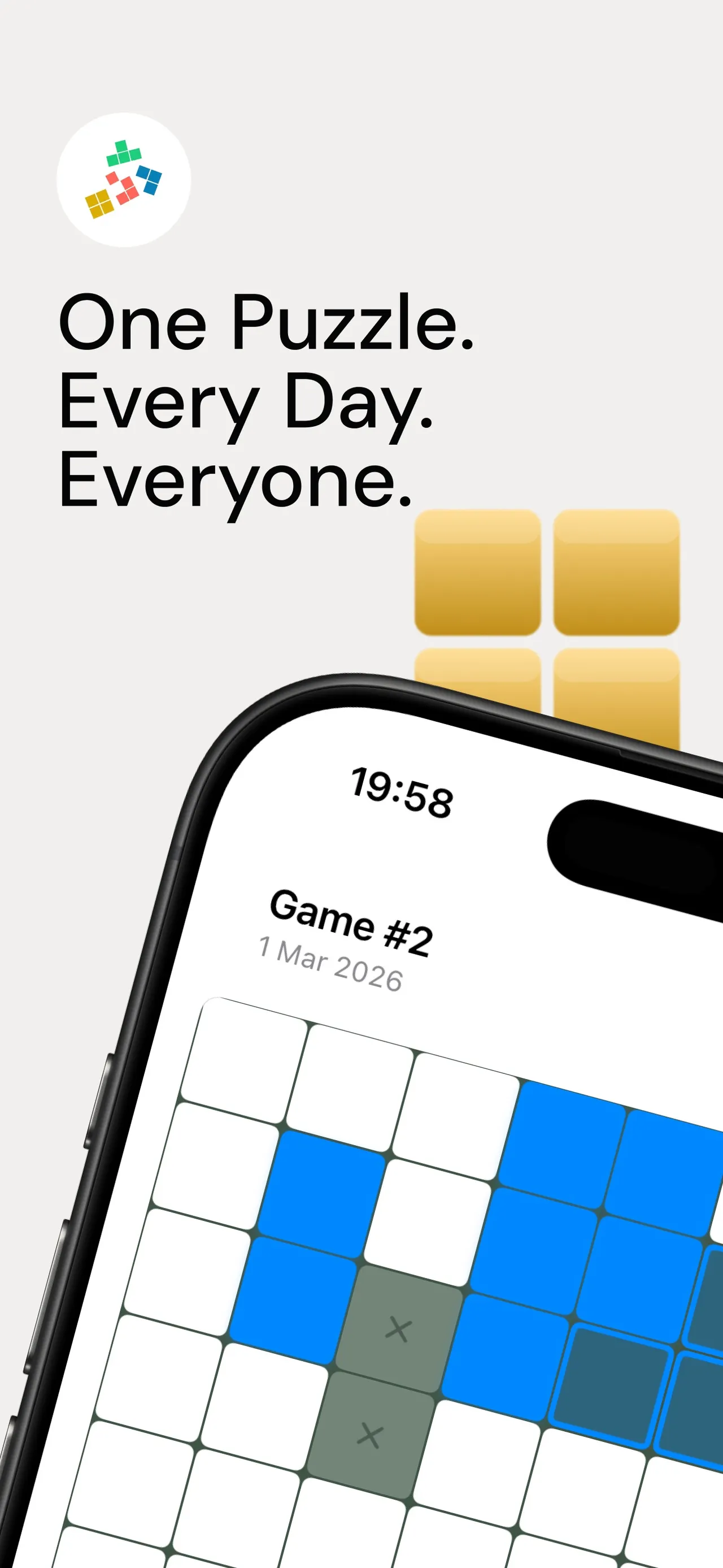 Linetris App Store art: One Puzzle. Every Day. Everyone. above a phone showing Game #2 on its 8x8 grid