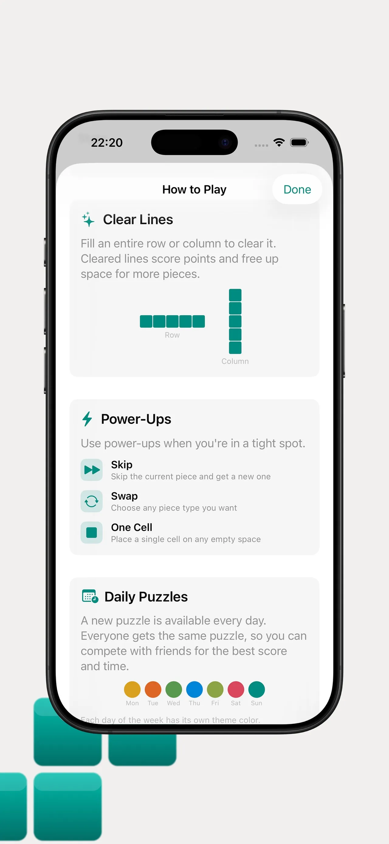 Linetris How to Play screen explaining clearing rows and columns, the Skip, Swap and One Cell power-ups and daily puzzles