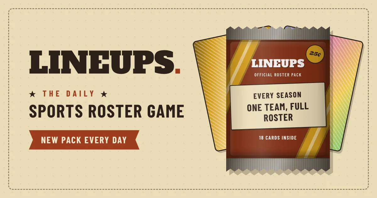 Lineups share art: the LINEUPS name and The Daily Sports Roster Game beside a foil roster pack reading Every season, one team, full roster, with New pack every day