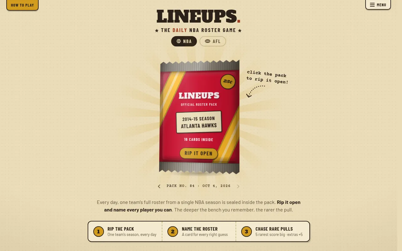 Lineups NBA pack No. 84 for October 4, 2026: a red foil pack for the 2014-15 Atlanta Hawks with 16 cards inside and a Rip it open button