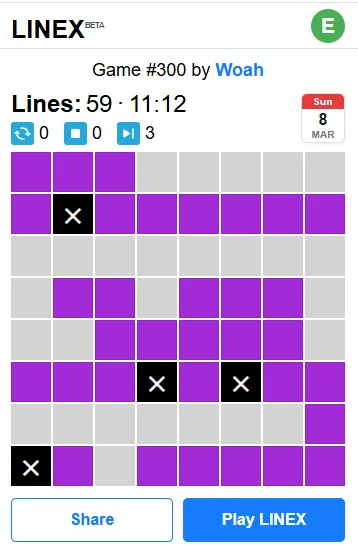 LINEX Game #300 of Sunday 8 March: 59 lines in 11:12 on a purple 8x8 board with four blocked X cells, with Share and Play LINEX buttons below.