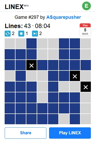 LINEX Game #297 of Thursday 5 March finished on the phone layout: 43 lines in 08:04, a blue 8x8 board with three blocked X cells and the helper counters above it.