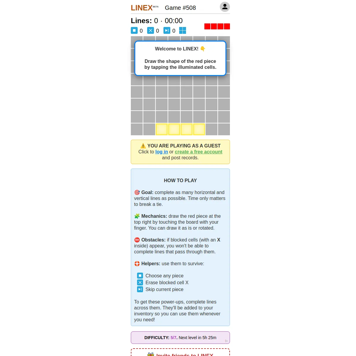 LINEX Game #508 with an empty grid, a four-cell piece being drawn, the helper counters and the how-to-play panel