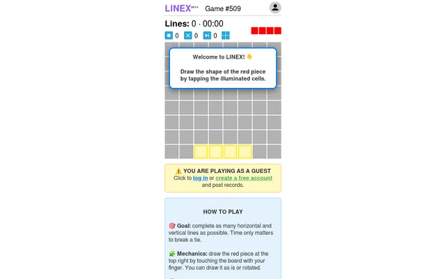LINEX Game #509: an empty grey grid with four highlighted cells along the bottom row, the red four-cell piece at top right, helper counters at zero, a welcome tip on how to draw the piece and the how-