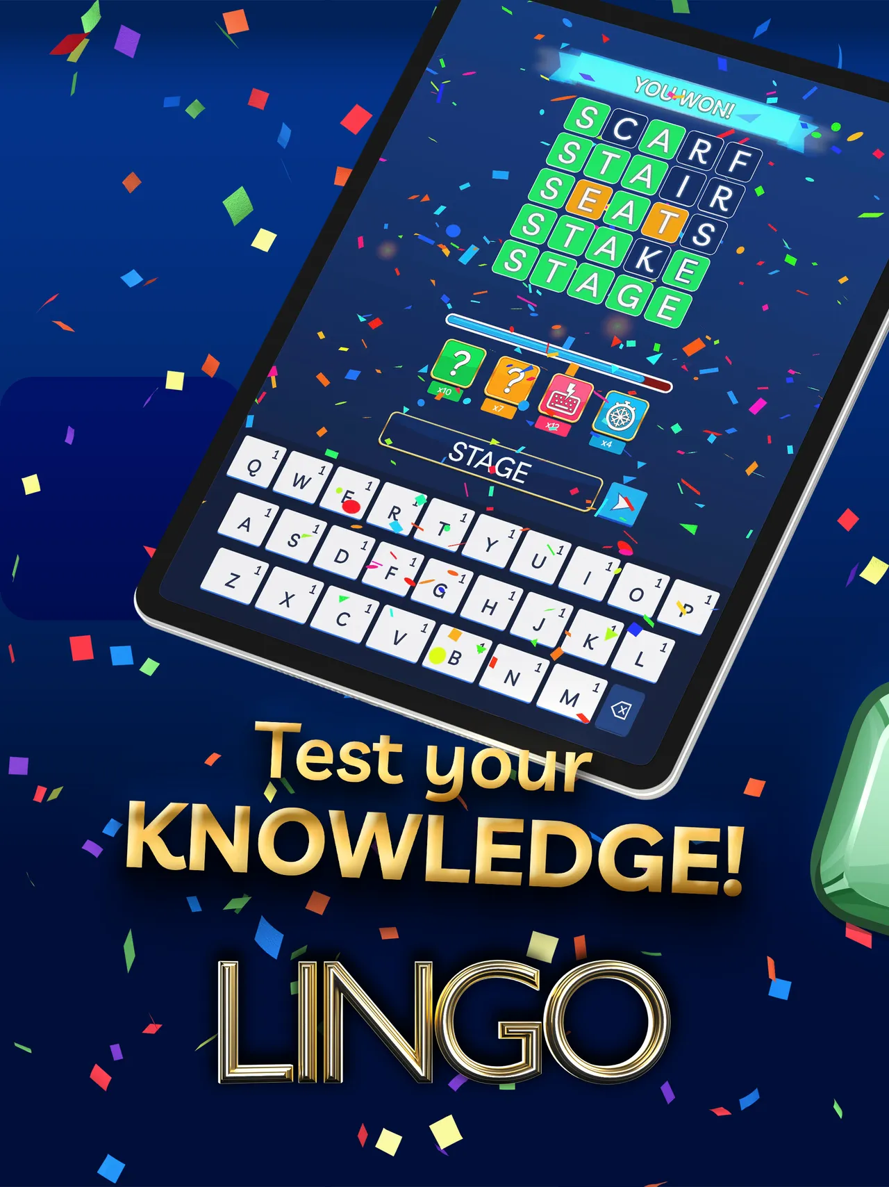 Lingo on a tablet: a solved five-letter word, STAGE, after five guesses starting with S