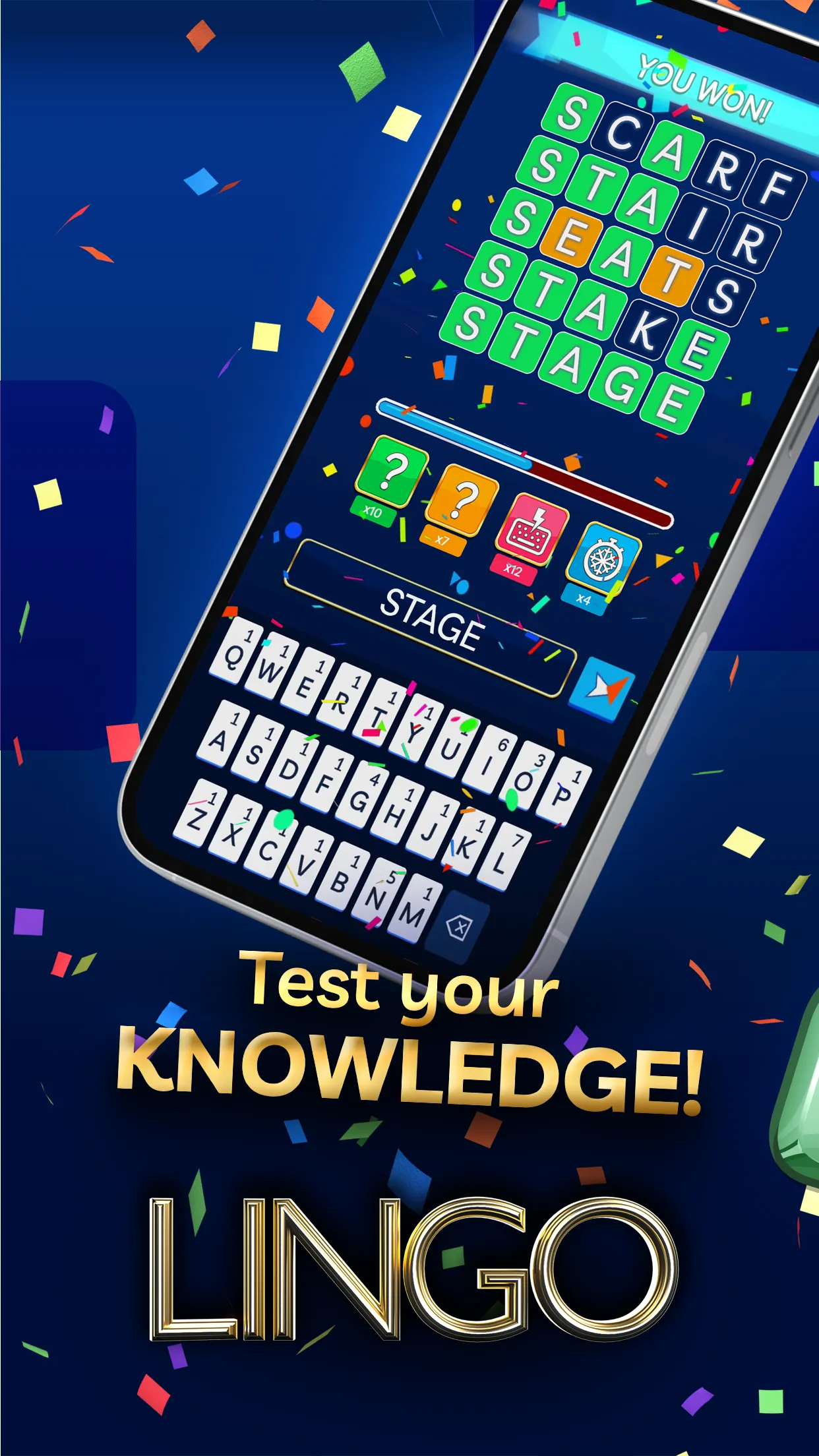 Lingo on a phone with the solved word STAGE and power-ups above the keyboard
