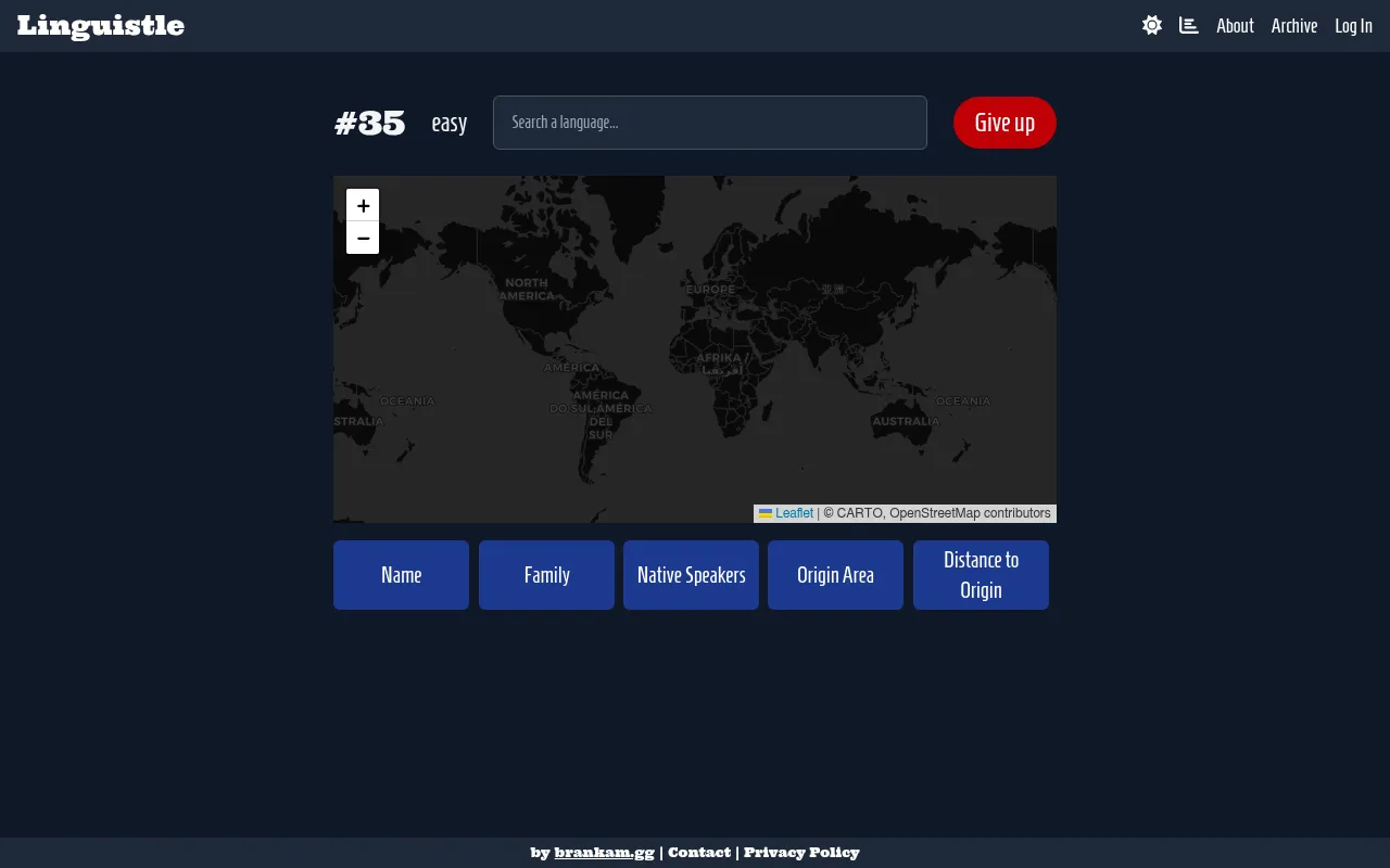 Linguistle daily puzzle #35 on Easy: a language search box and Give up button above a dark world map, with columns for Name, Family, Native Speakers, Origin Area and Distance to Origin