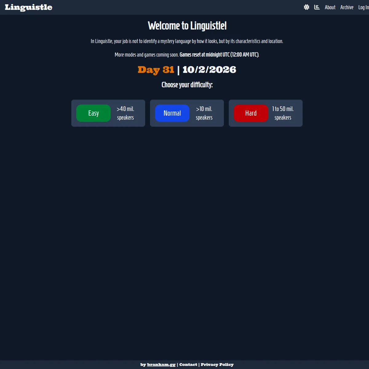 Linguistle welcome screen on a dark background: text saying to identify a mystery language by its characteristics and location, a Day 31 date header, and three difficulty buttons, Easy (over 40 millio