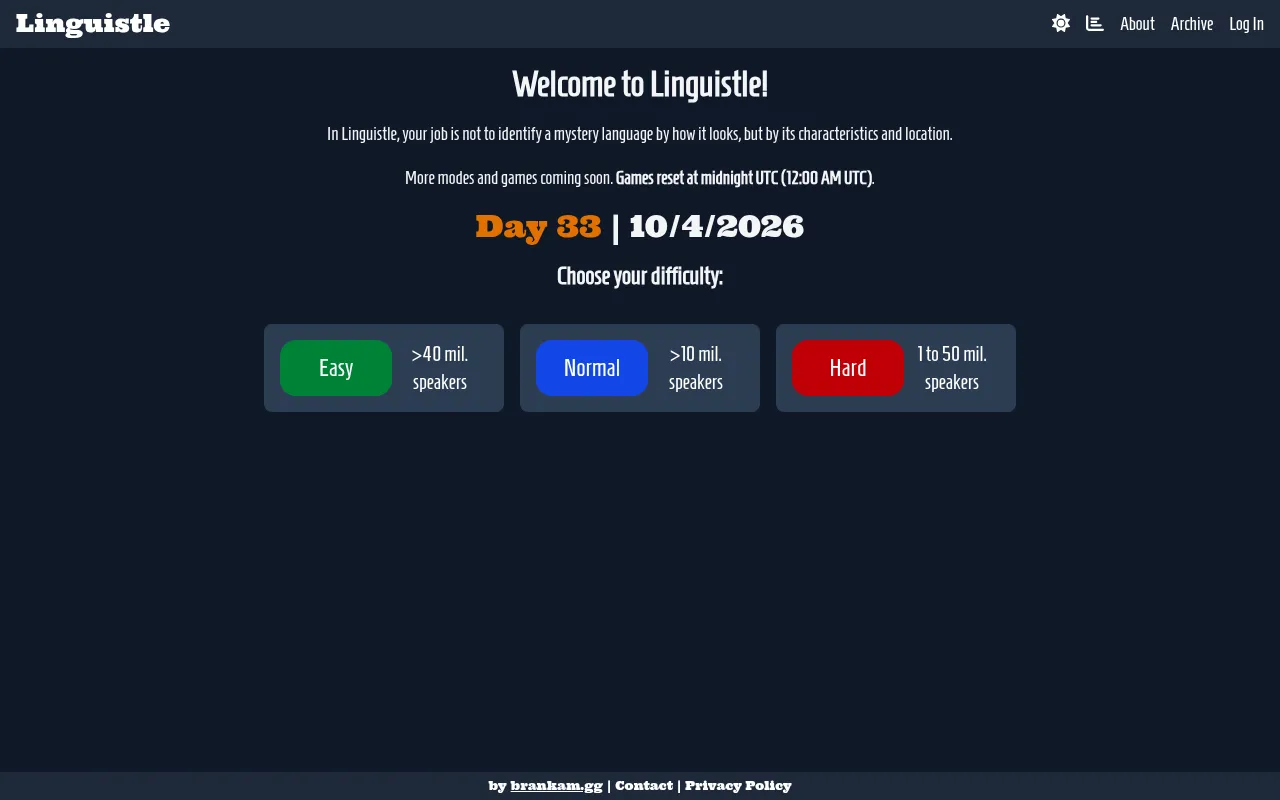Linguistle start screen on a dark background: Welcome to Linguistle, a Day 33 date header and three difficulty buttons, Easy for languages with over 40 million speakers, Normal over 10 million and Har