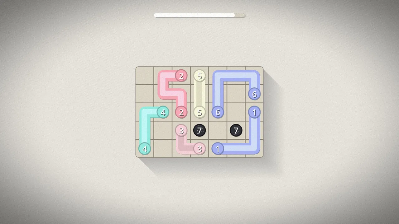 A LINK IT board: pairs of numbered circles joined by coloured lines on a paper grid, with two black 7s still to connect