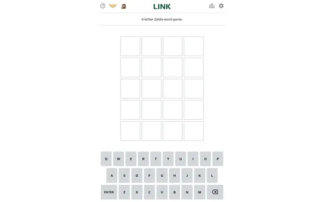 The LINK game screen: the title LINK, the line 4-letter Zelda word game, an empty grid of five rows of four tiles and an on-screen keyboard