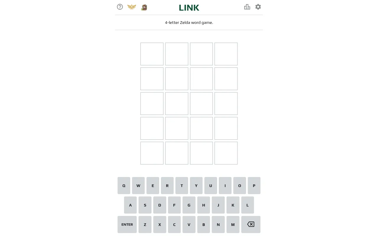 The LINK game screen: the title LINK, the line 4-letter Zelda word game, an empty grid of five rows of four tiles and an on-screen keyboard