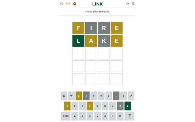 Today's LINK board on desktop after two guesses, FIRE and LAKE, with dark green, gold and grey tiles and the coloured on-screen keyboard