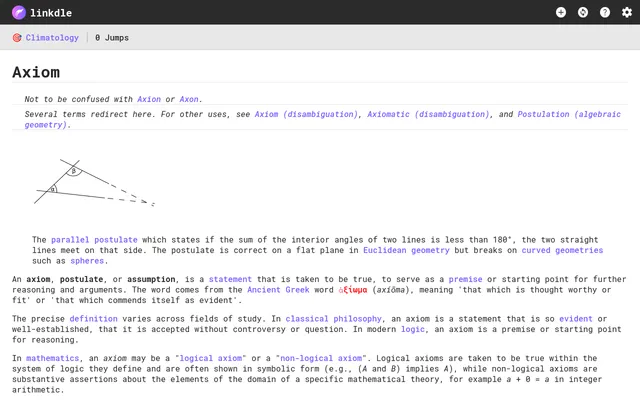 Linkdle English daily game in play: the starting Wikipedia article Axiom shown with its links, the target Climatology and 0 Jumps in the bar above