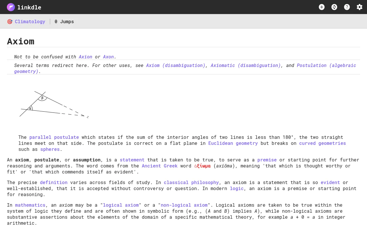 Linkdle English daily game in play: the starting Wikipedia article Axiom shown with its links, the target Climatology and 0 Jumps in the bar above
