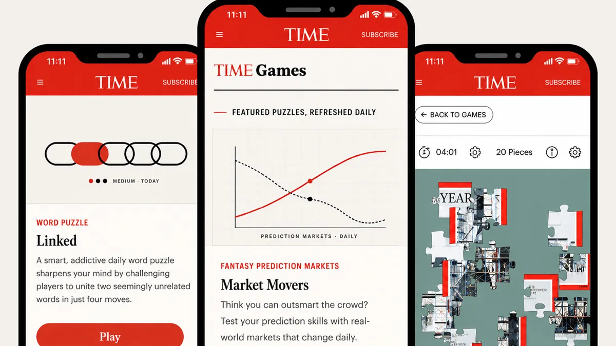 TIME Games on three phones: Linked, Market Movers and a TIME cover jigsaw