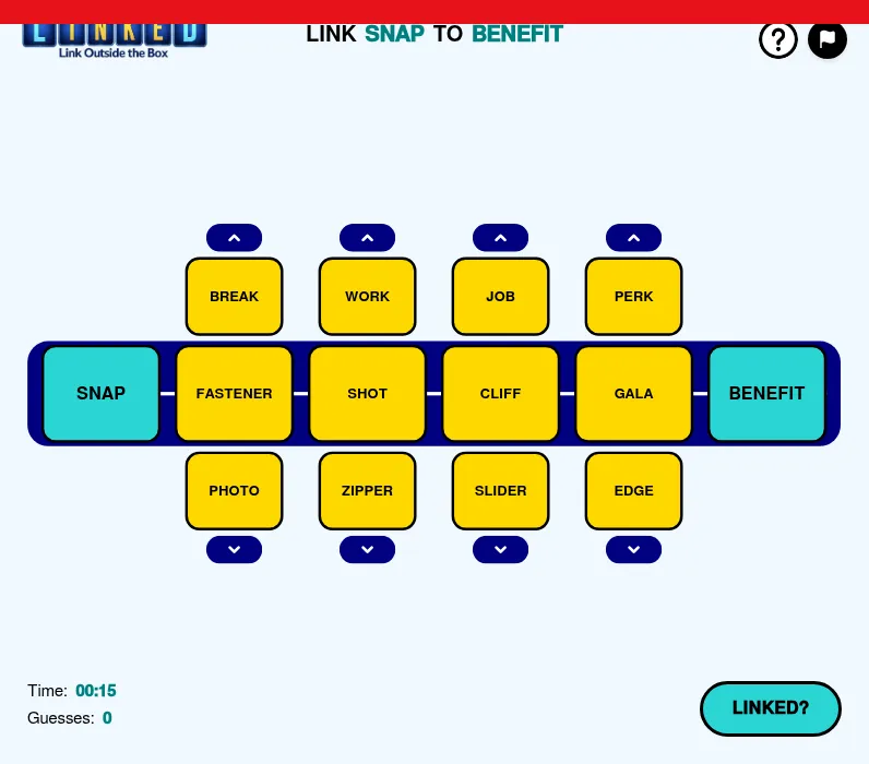 Today's Linked board on TIME: link SNAP to BENEFIT through four columns of word tiles, with Fastener, Shot, Cliff and Gala on the chain, a timer and the Linked? button