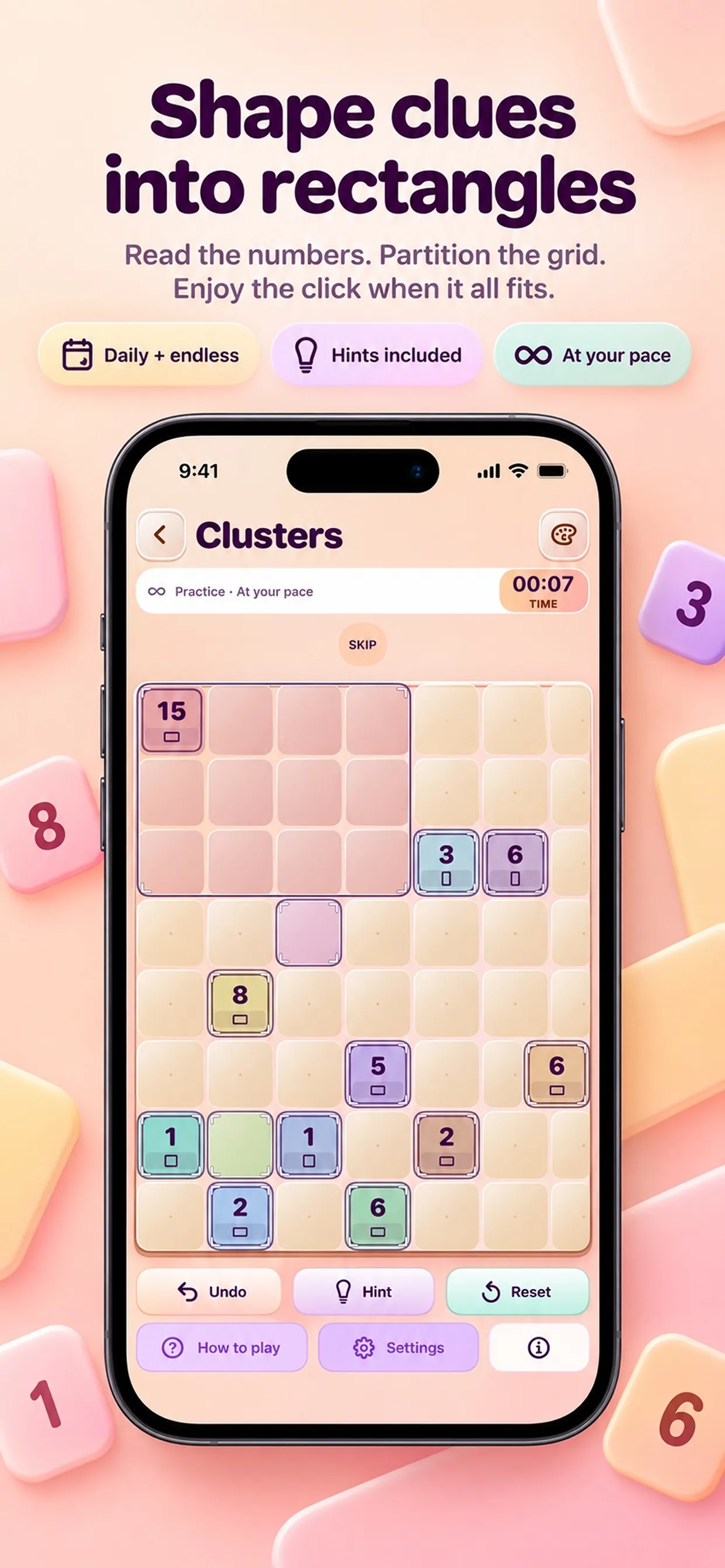 LinkedLab Clusters in practice mode: a grid with number clues such as 15, 8 and 6, one 15-cell rectangle marked out, and Undo, Hint and Reset buttons, under Shape clues into rectangles.