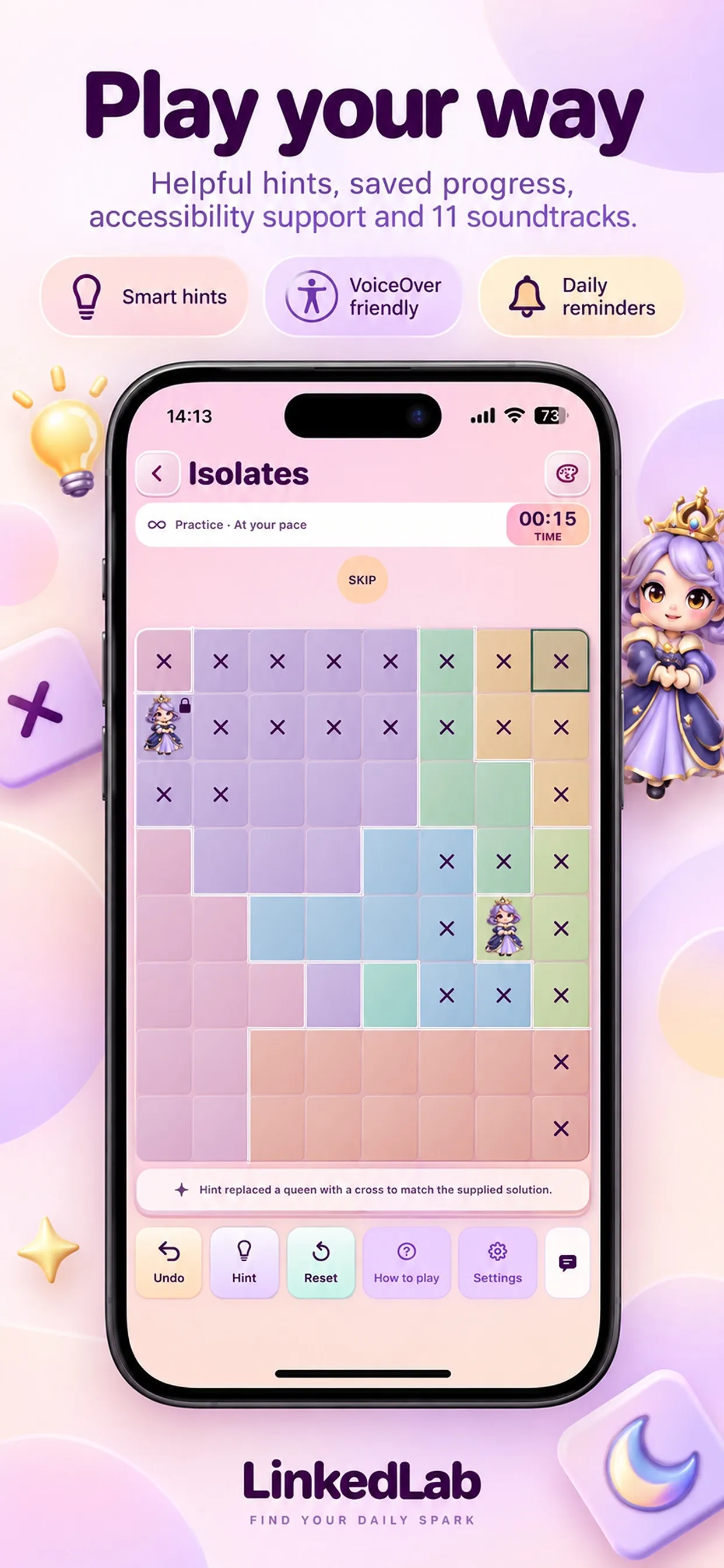 LinkedLab Isolates board: coloured regions on an 8 by 8 grid with two queens placed and crosses marking cells that cannot hold one.